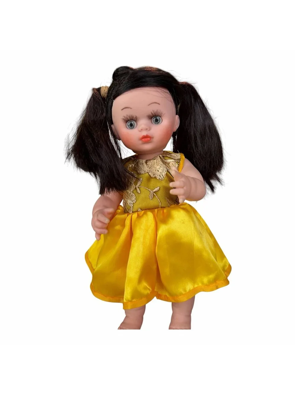 14” beautiful girl doll in a bright yellow dress rubber